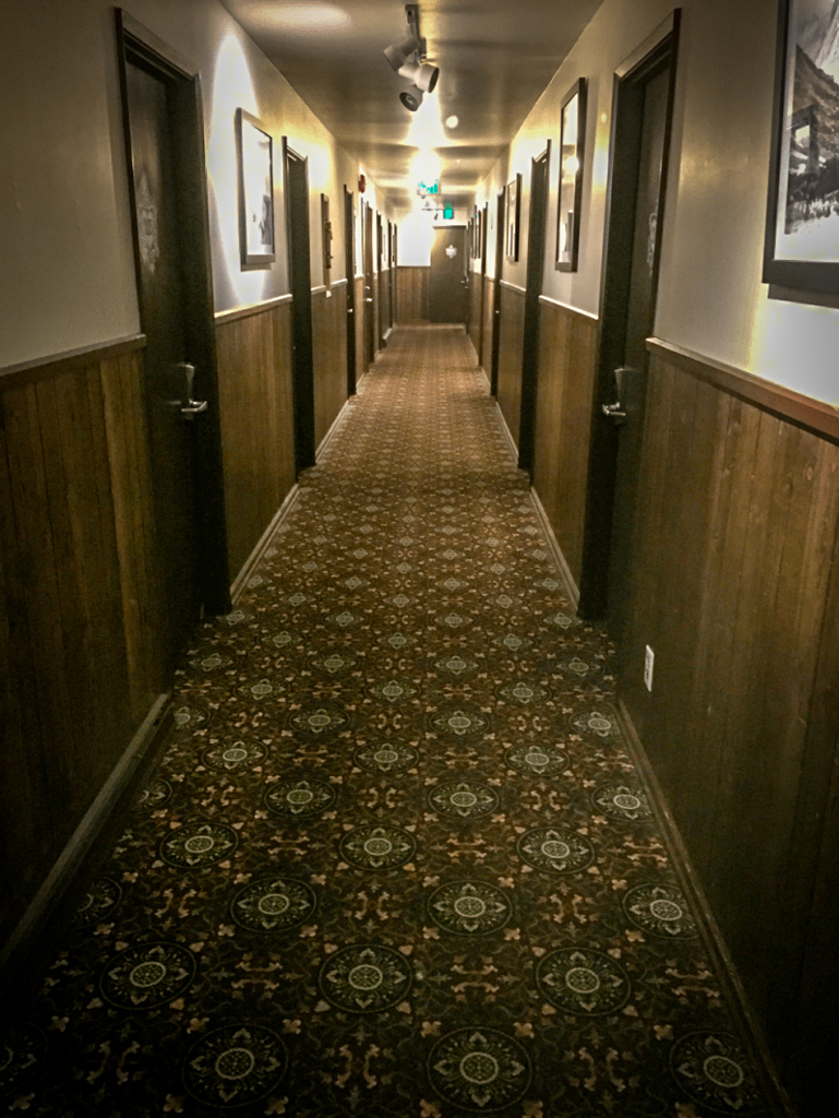 Hallway of the hotel at Crystal Mountain Ski Resort. It's creepy.