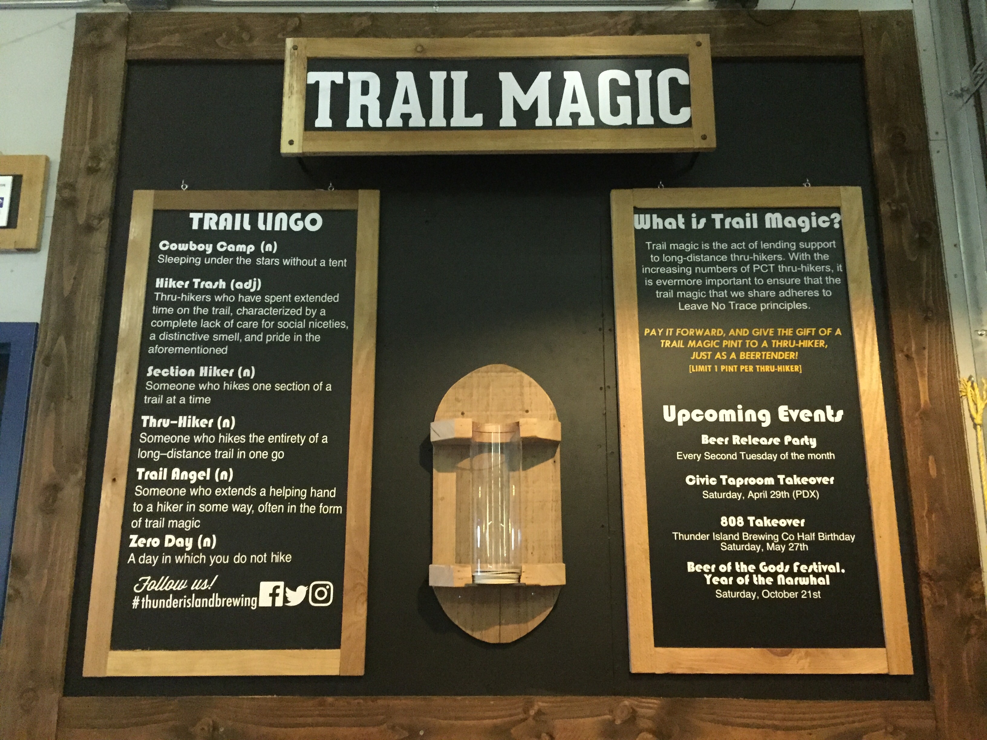 The Trail Magic Board at Thunder Island Brewing Company with trail lingo and instructions on how to participate