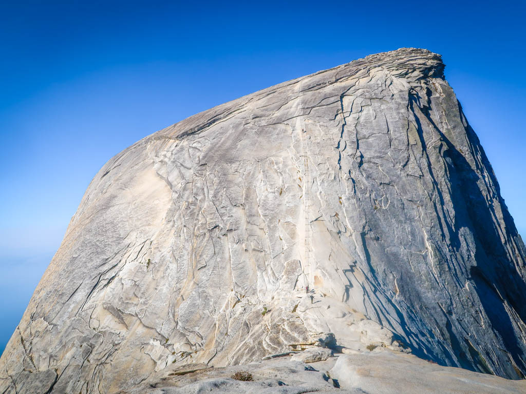 A view of Half Dome with the Half Dome cables barely visible in the distance.