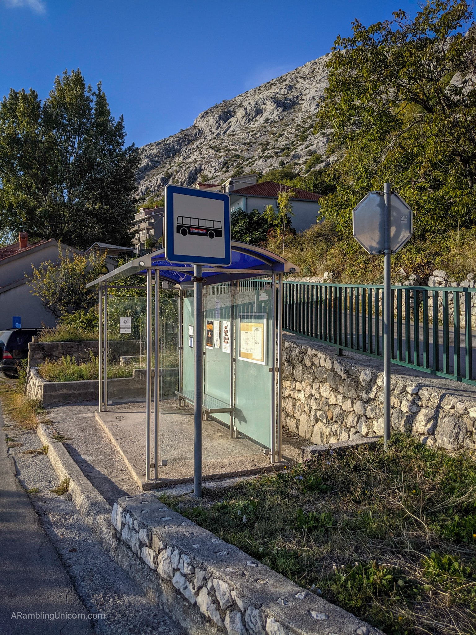 Local bus stop at Gornje Sitno, which is at the base of Mount Mosor.