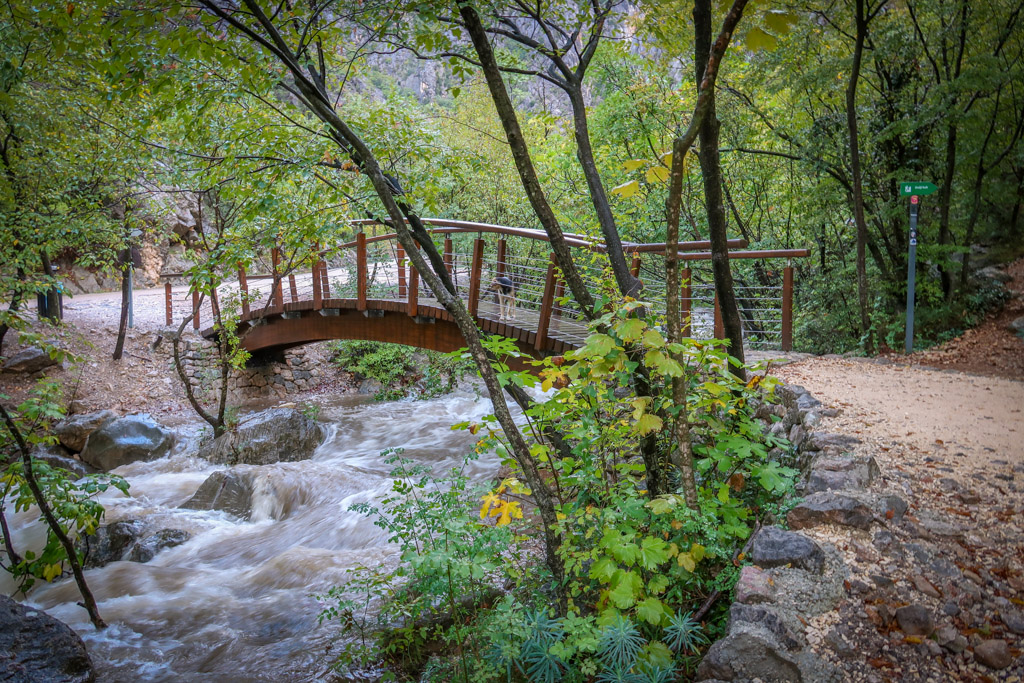 A footbridge arches over a picturesque stream