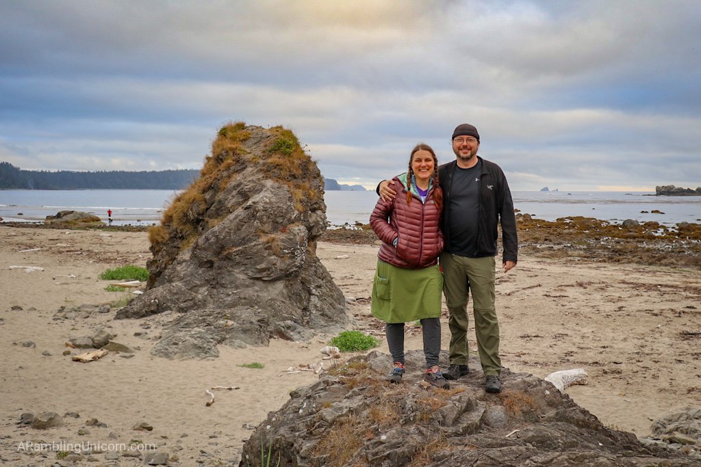 The author and her husband Daniel on the beach at the Ozette Triangle Loop Trail