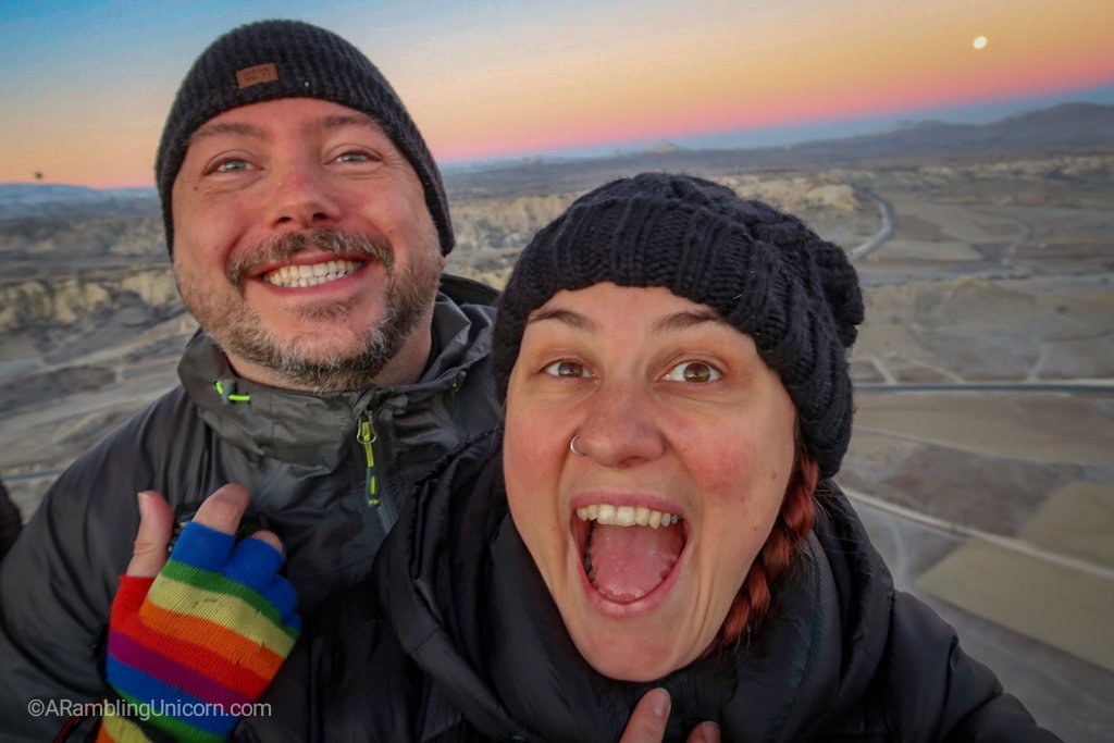We're in a hot air balloon! Daniel and I set off on a Cappadocia balloon ride.