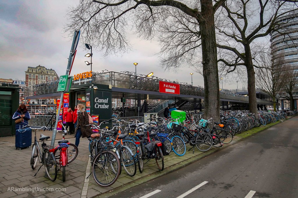 Amsterdam blog: This multi-story canal barge served as a giant bicycle parking lot.
