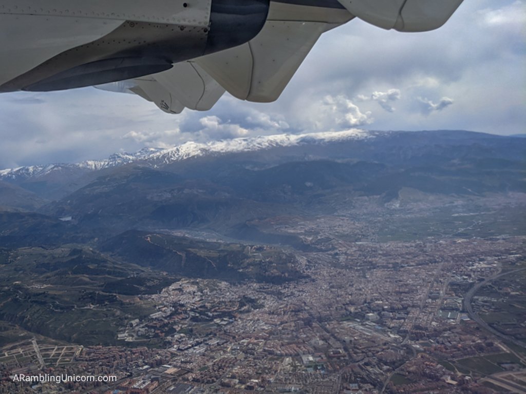 Airline travel during the COVID-19 Pandemic: View of the Sierra Nevada mountains from the airplane leaving Granada. Someday I will return and do some hiking here!