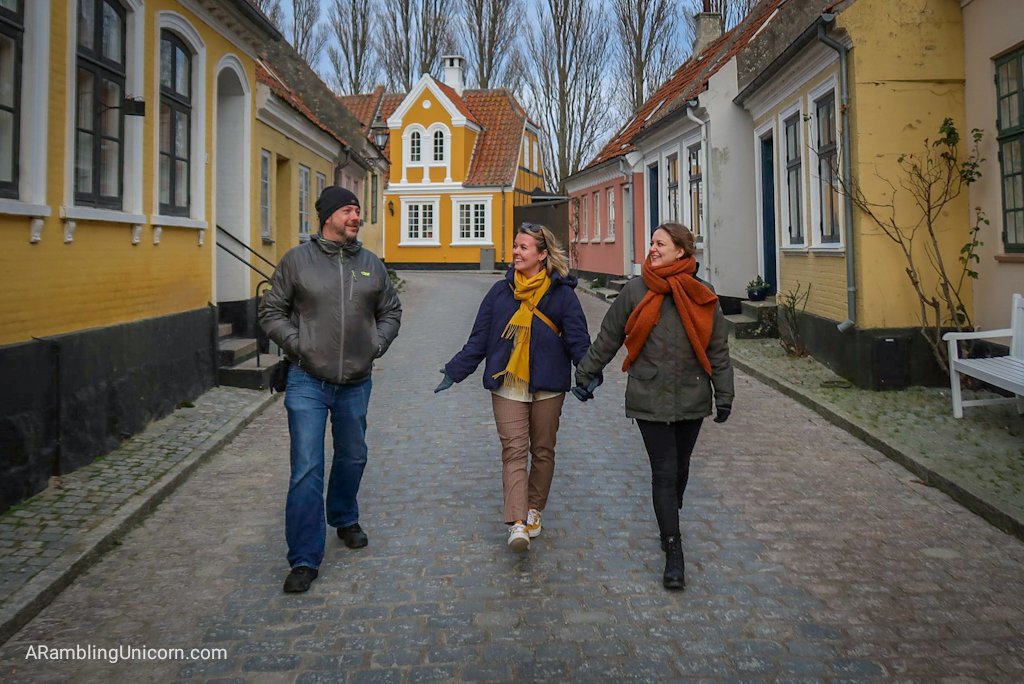 Daniel, Tetris and Katrine stroll around on of the villages on Ã†rÃ¸