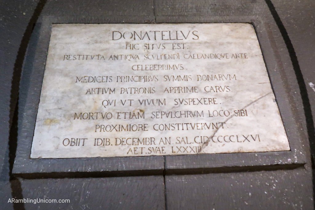 Donatello's gravestone located in the Basilica di San Lorenzo's crypt