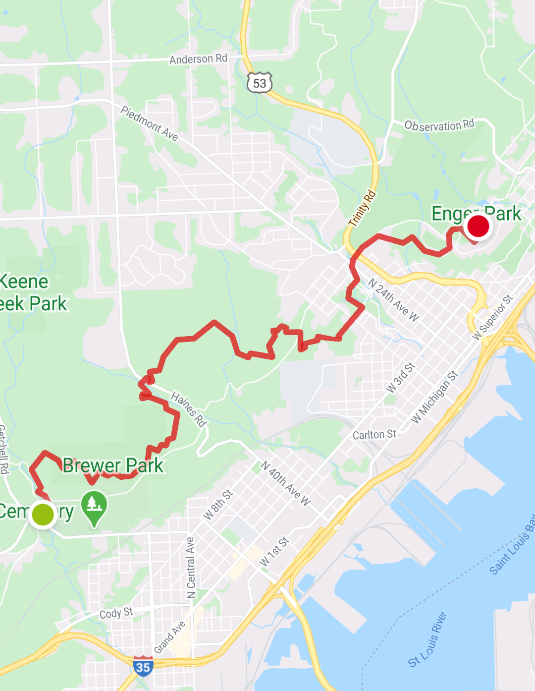 Map of my day hike along the Superior Hiking Trail - starting at Skyline Trailhead and ending at Enger Tower 