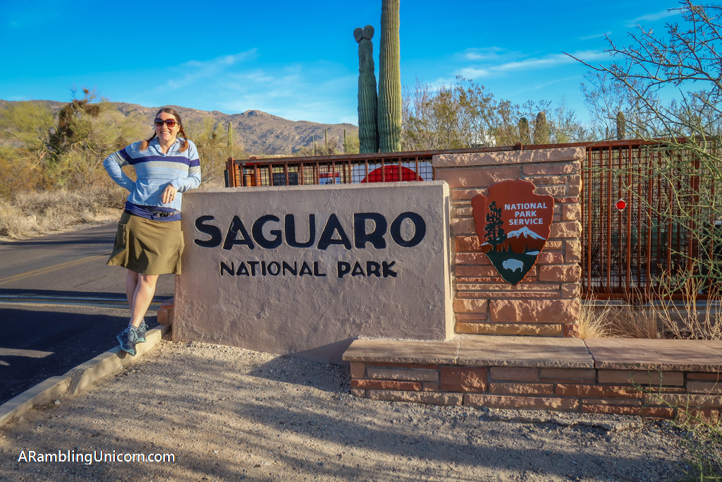 Unicorn stands in front of the Saguaro National Park sign