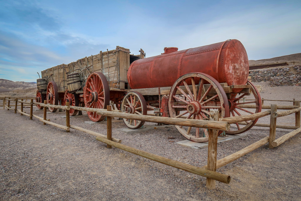 An old-fashioned wooden double wagon at the Harmony Borax Works mine