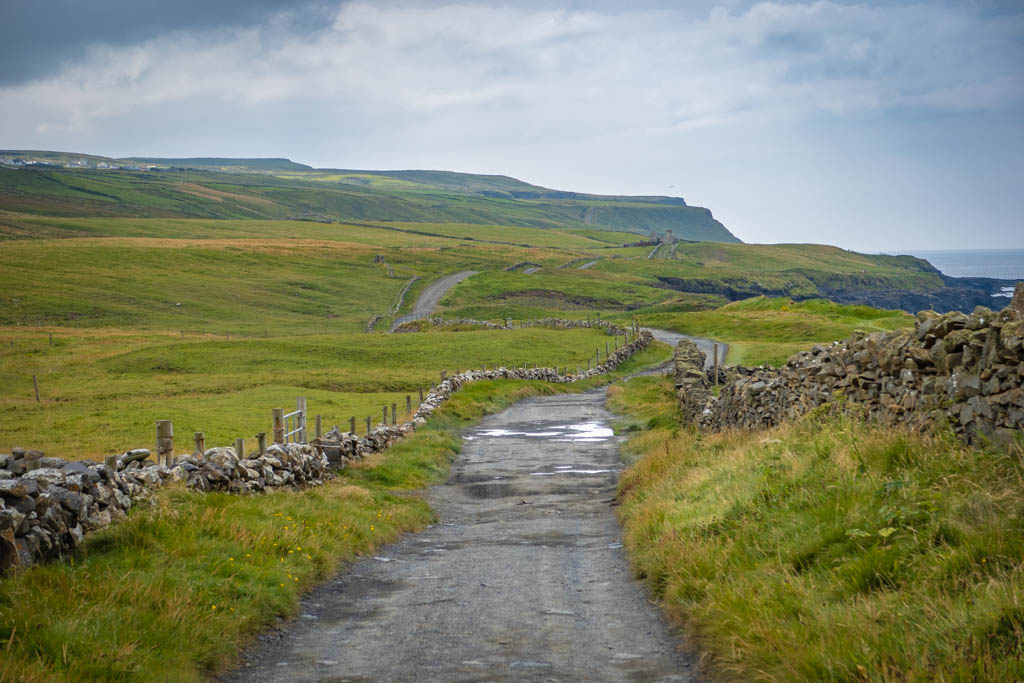 A wide path flanked by stone fences leads through green rolling hills to the Cliffs of Moher in the distance