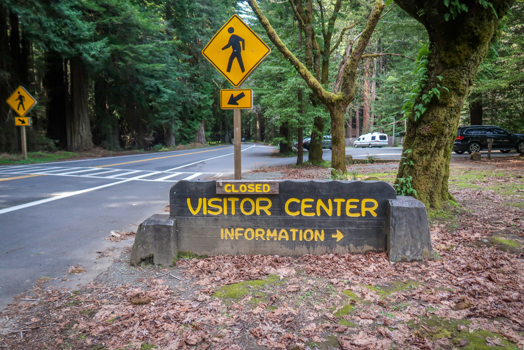 Road sign for the Humboldt Redwoods State Park Visitor's Center