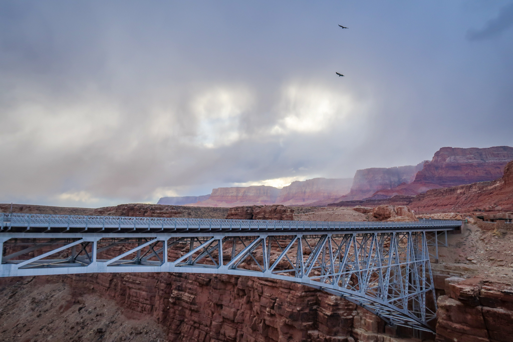 View of the new Navajo Bridge - a steel arch that spans Marble Canyon 470 feet above the Colorado River. Two condors soar overhead and the Vermillion Cliffs are visible in the distance.