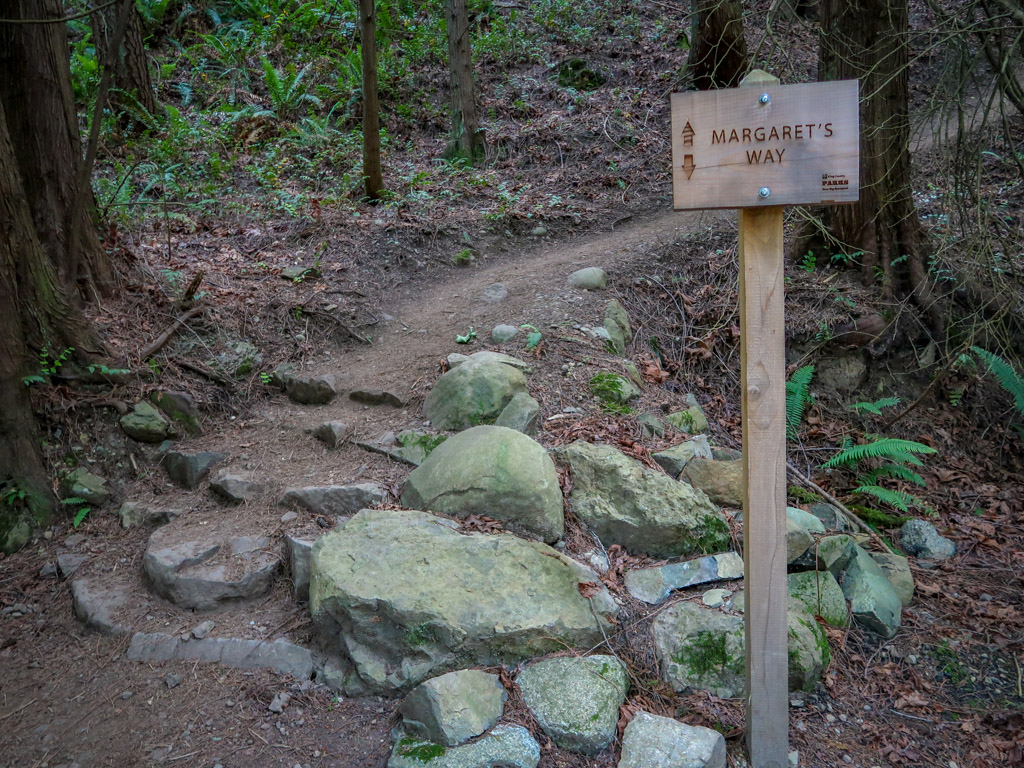 A signpost reading "Margaret's Way" stands next to a hiking path that leads up into the woods