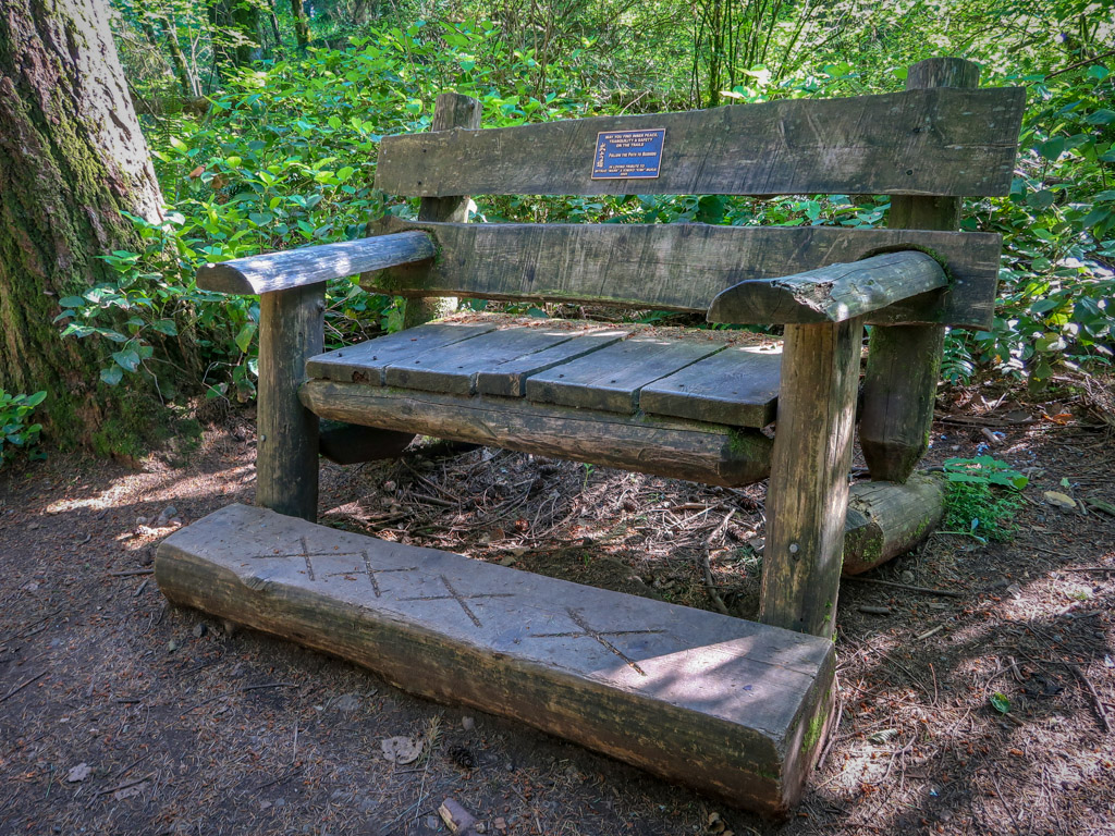 A large wooden bench with a wooden foot rest in a wooded area on the side of a hiking trail