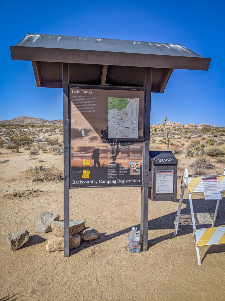 Twin Tanks trailhead and backcountry camping registration board