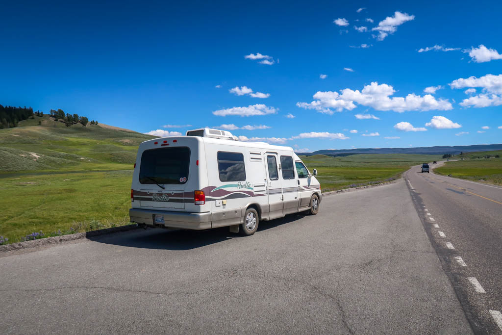 Winnebago Rialta motorhome parked along the road in Yellowstone National Park