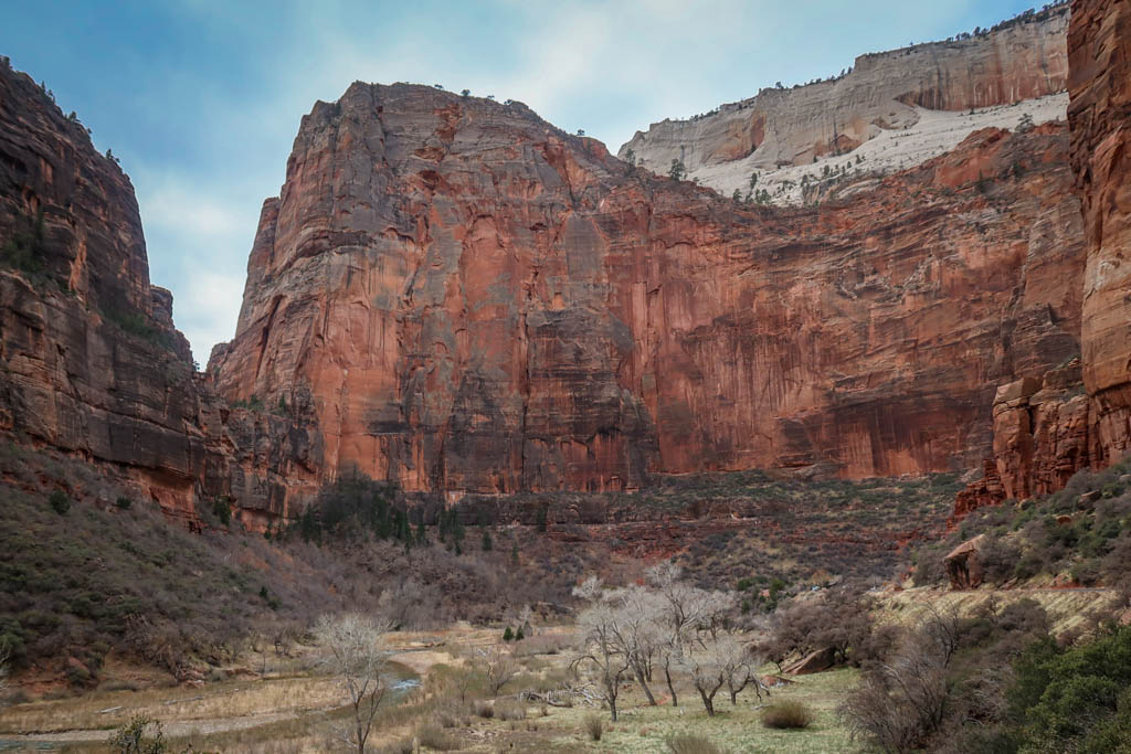 Angel's Landing is a tall L-shaped section of Zion Canyon walls that form Big Bend, forcing the Virgin River around it