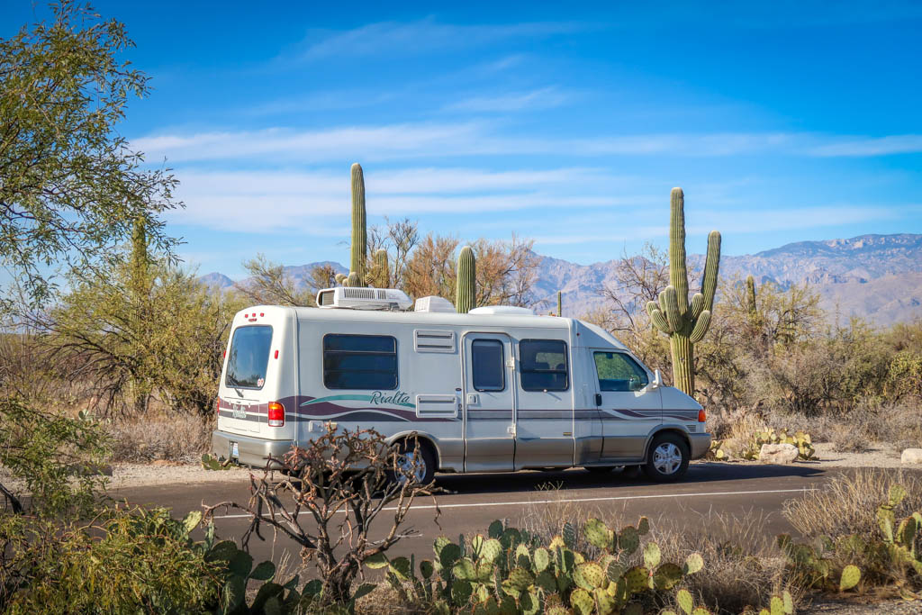 Our VW Rialta Motorhome parked in Saguaro National Park - Traveling during the Pandemic is safer in a motorhome